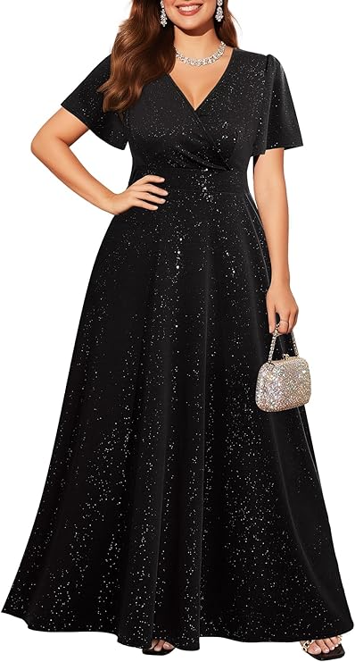 Women Plus Size Formal Glitter Prom Long Dress