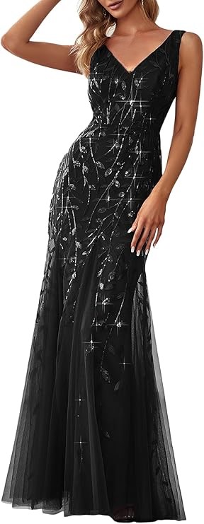 Sequin Formal Dress Double V-Neck Sleeveless Mermaid Long