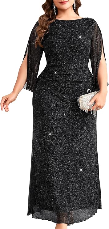 Plus Size Sparkly Evening Dress 3/4 Petal Sleeve V-Back Ruched Maxi