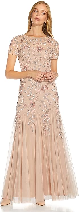 Womens Floral Beaded Godet Gown