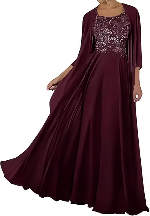 2 Piece Mother Long Chiffon Lace Dress