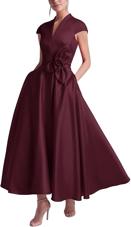 Tea Length V-Neck Cap Sleeves Formal Evening Dress