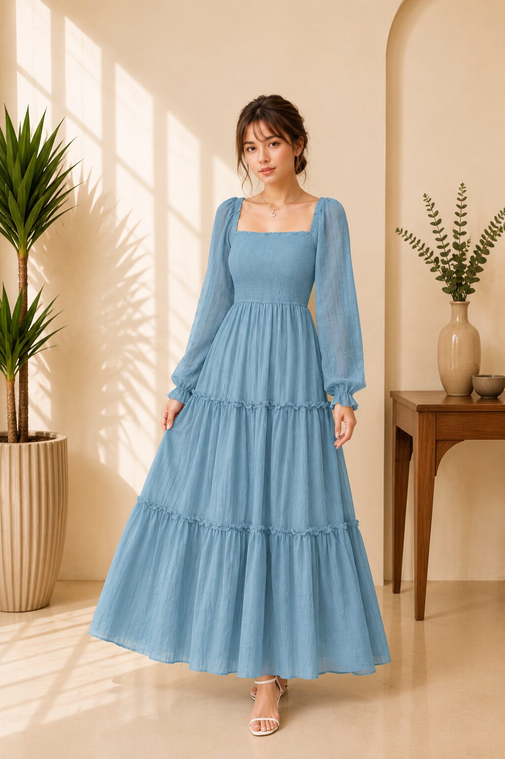 Casual Long Sleeve Smocked Wedding Ruffle Flowy Guest Maxi Dress