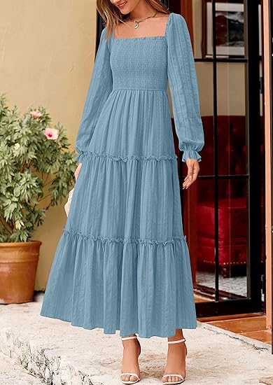 Casual Long Sleeve Smocked Wedding Ruffle Flowy Guest Maxi Dress