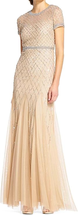 Womens Short-Sleeve Grid Beaded Gown