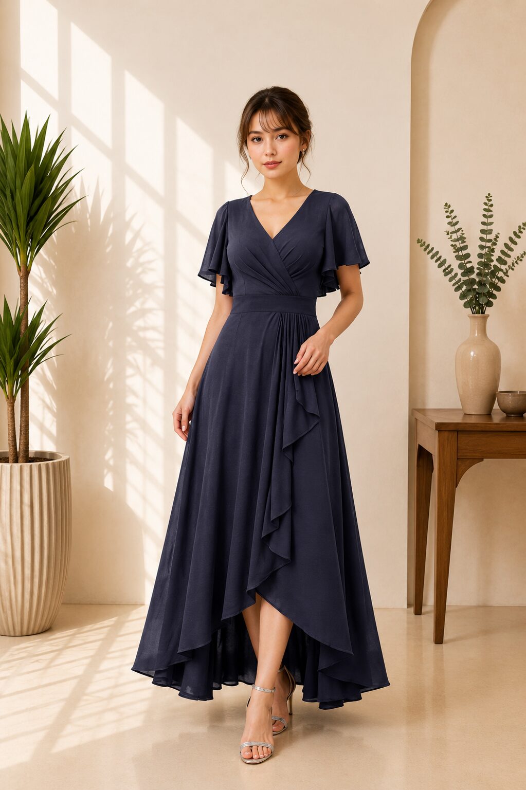 Chiffon Ruched Waist Ruffle Hem Formal Evening Gown