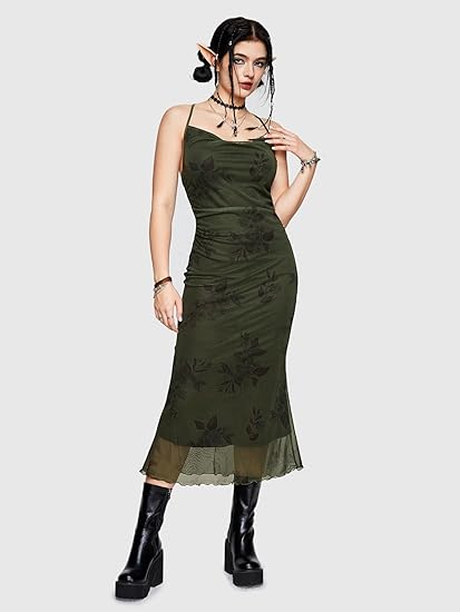 Floral Mesh Bodycon Cami Dress Cowl Neck Sleeveless Cocktail