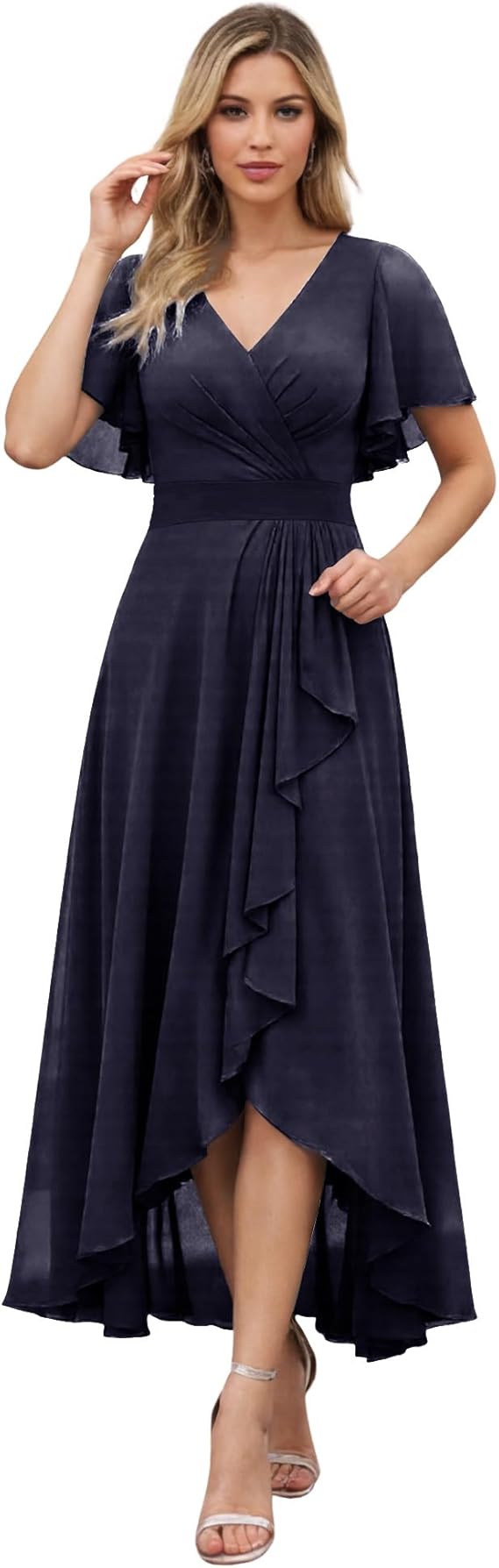 Chiffon Ruched Waist Ruffle Hem Formal Evening Gown