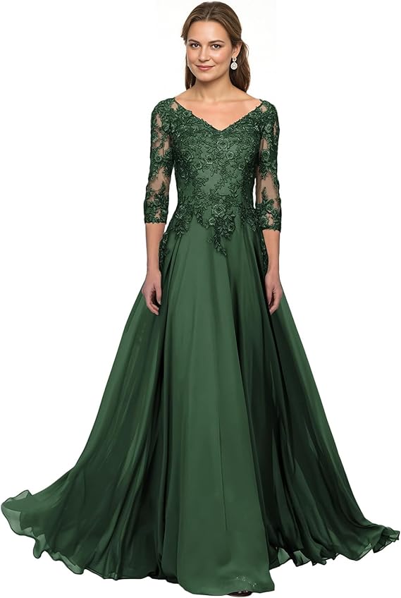 V Neck Lace 3/4 Sleeve A-Line Formal Evening Gown Elegant​