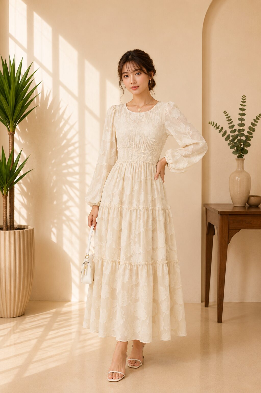 Fall Boho Floral Long Sleeve Crewneck Midi Dress