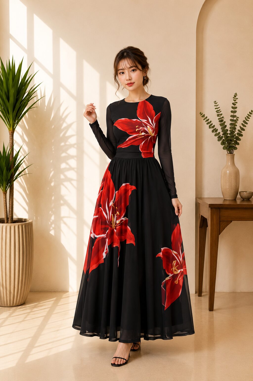 Fall Long Sleeve Crewneck Floral Print Mesh Ruched Party Dress