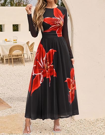 Fall Long Sleeve Crewneck Floral Print Mesh Ruched Party Dress