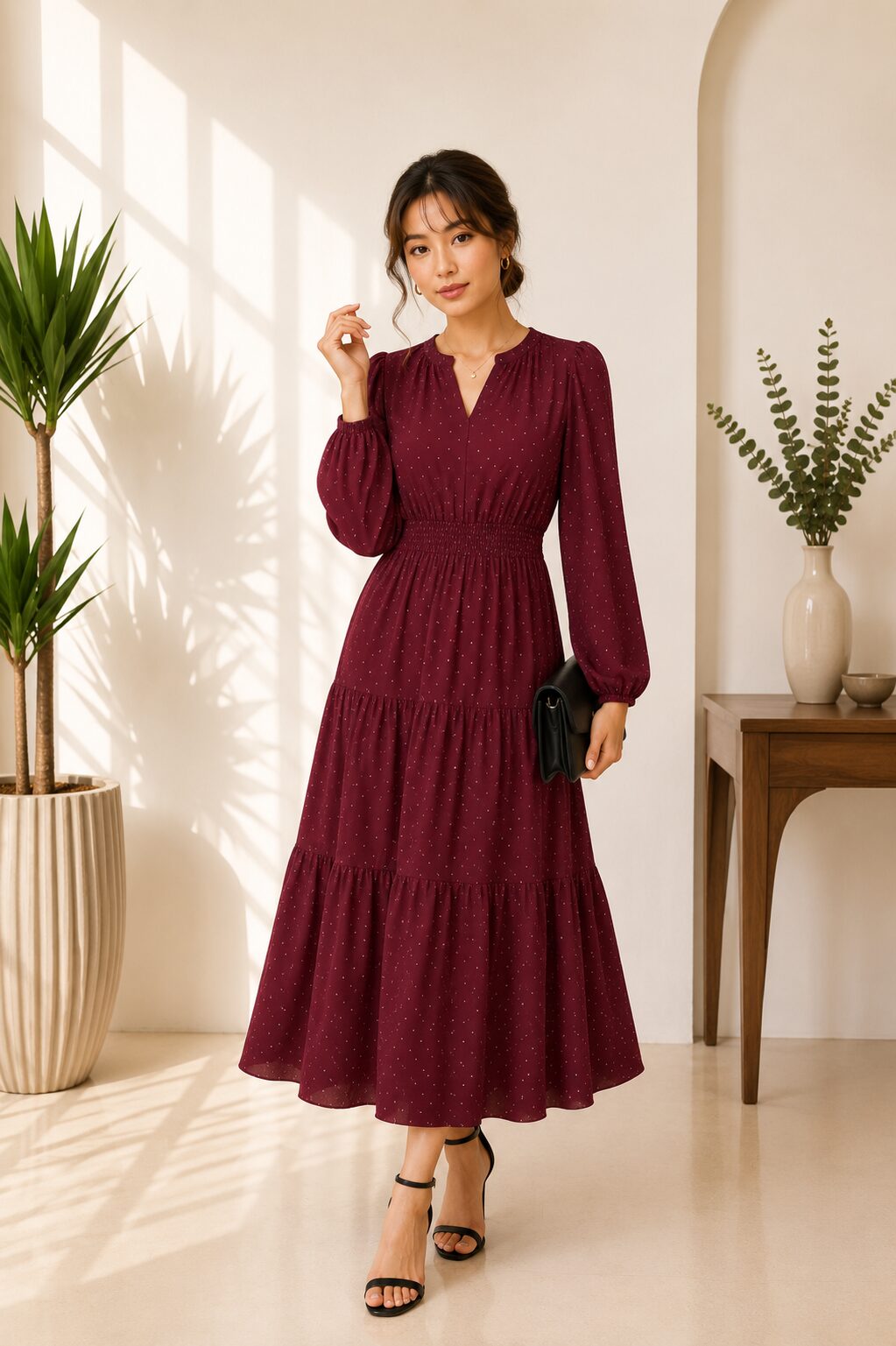 Fall Long Sleeve Maxi uffle Tiered Swiss Dots Guest Cocktail Long Dress