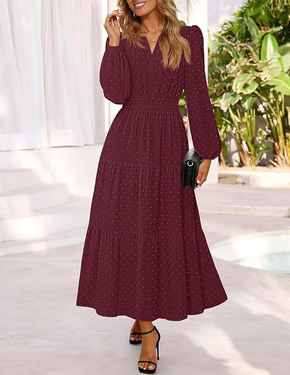 Fall Long Sleeve Maxi uffle Tiered Swiss Dots Guest Cocktail Long Dress