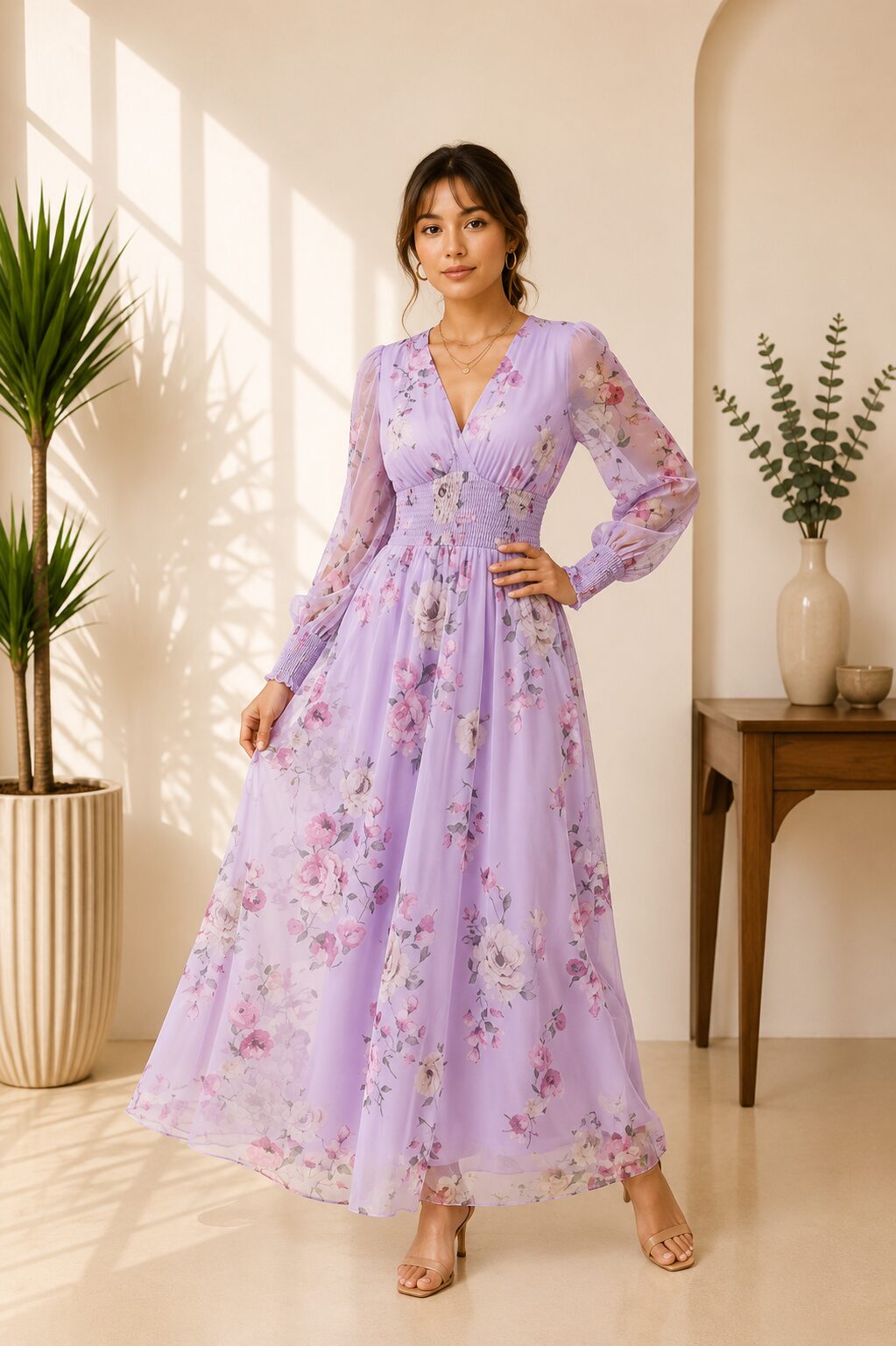 Fall V Neck Puff Long Sleeve Flowy Casual Tulle Guest Dress