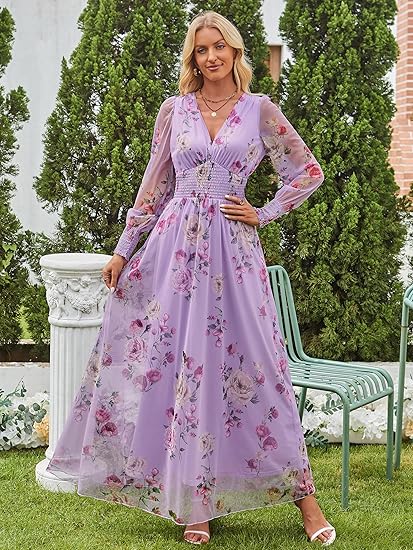 Fall V Neck Puff Long Sleeve Flowy Casual Tulle Guest Dress