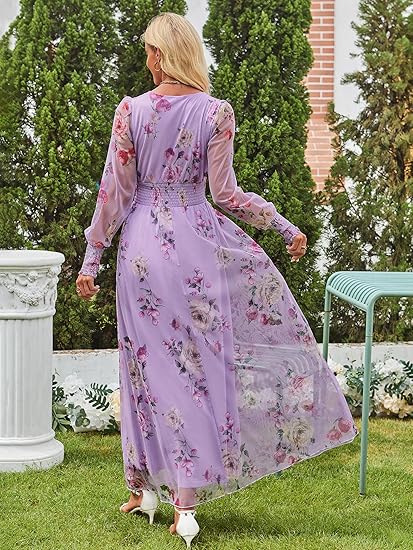 Fall V Neck Puff Long Sleeve Flowy Casual Tulle Guest Dress - Image 2