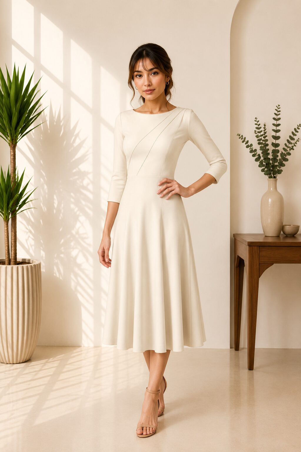 Fit and Flare Cocktail Casual Sleeve Swing Midi Dress