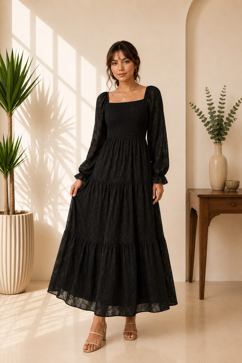 Floral Long Sleeve Smocked Tiered Elegant Long Flowy Boho Dress