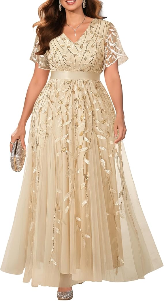 Plus Size Formal Wedding Sequin V-Neck Prom Long Dress