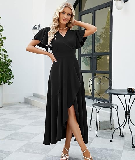 Long Black Formal Split Elegant V Neck Wrap Ruffle Guest Dresses