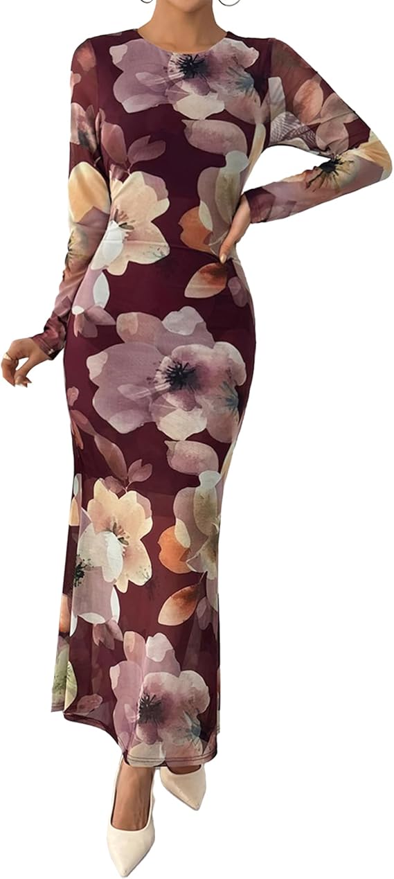 Long Sleeve Boho Mesh Party Cocktail Floral Maxi Dress