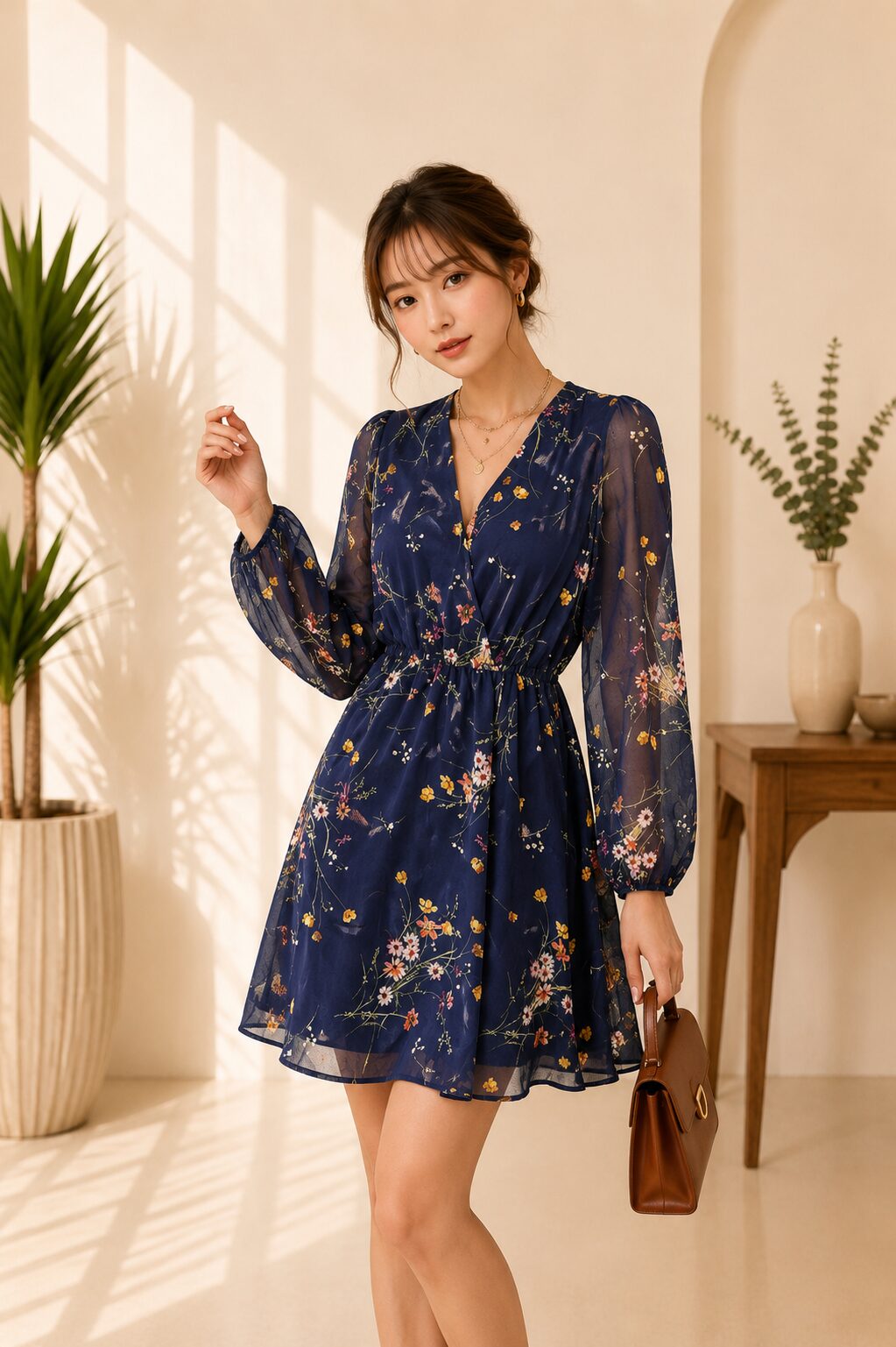 Mini Dresses Casual Spring V Neck Chiffon Long Peasant Sleeves Dress