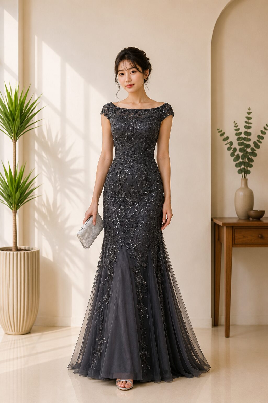 Off Shoulder Sleeveless Formal Gala Sequin Lace Gown