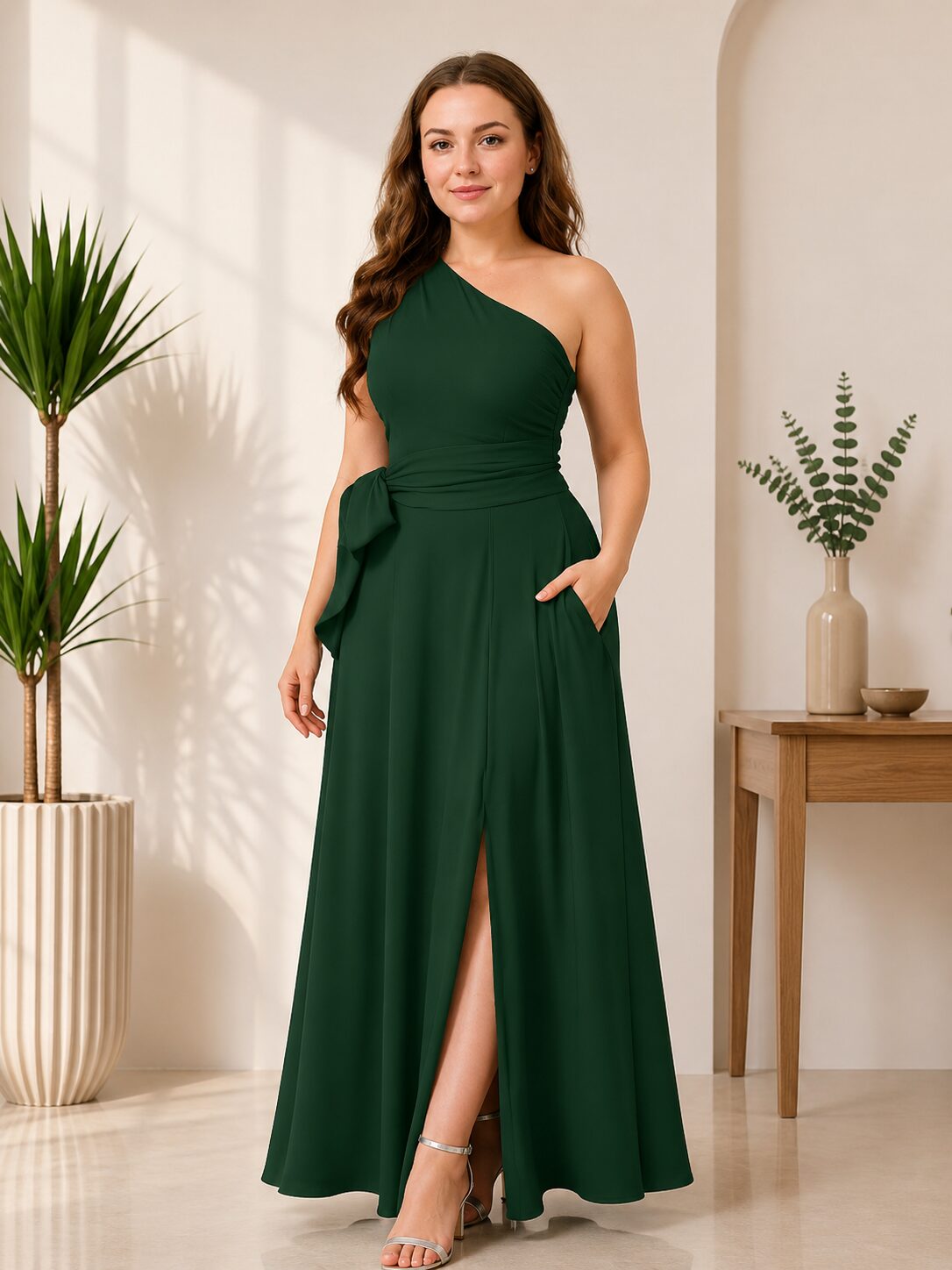 One Shoulder Belted Maxi Wedding Long Formal Pocket Dress
