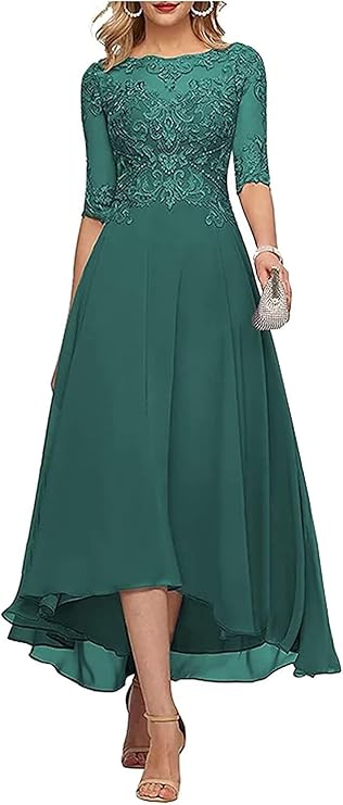 Sleeves A line Tea Length Chiffon Formal Wedding Party Prom