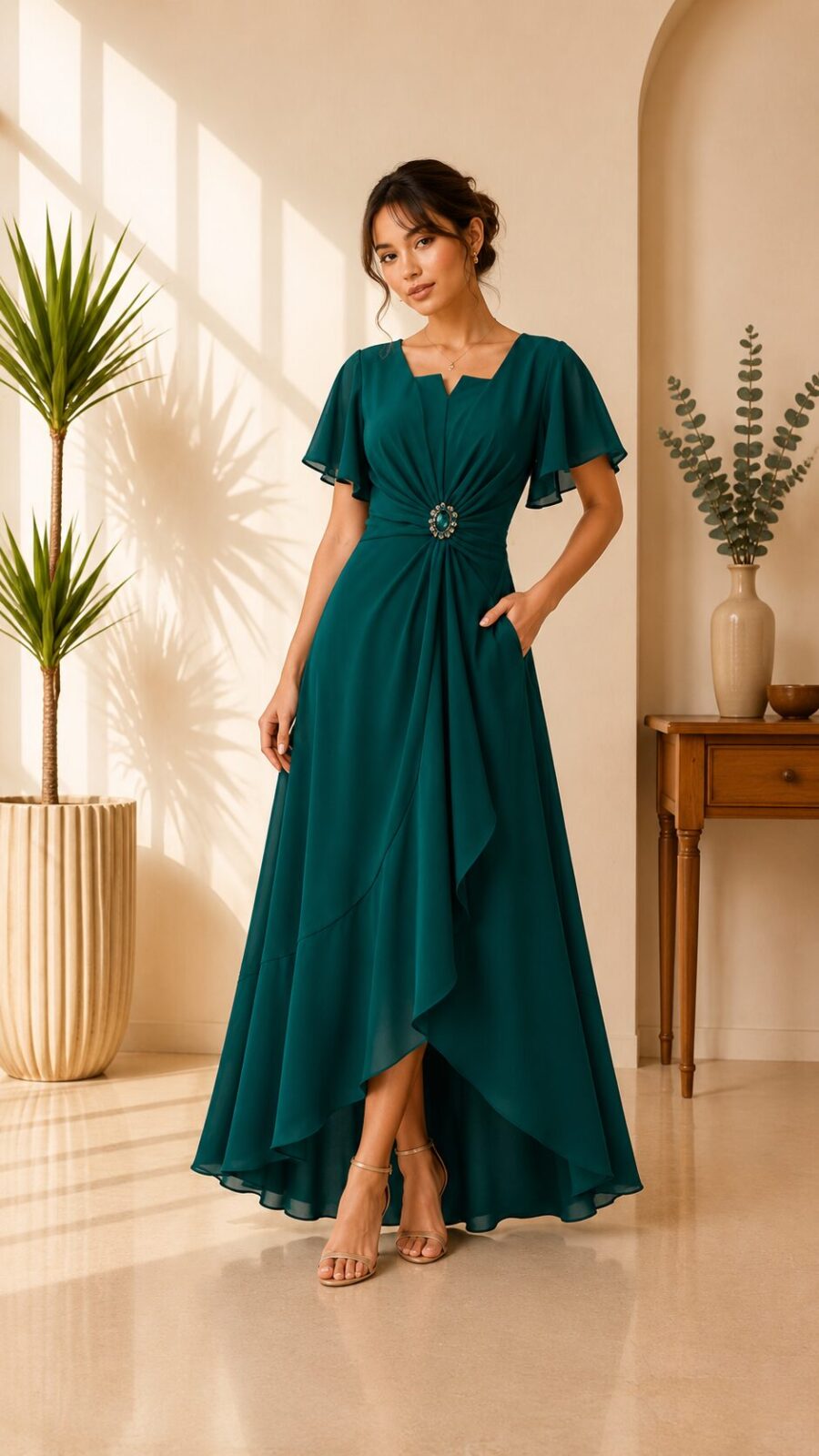 Pockets Cocktail Wedding Ruffle Sleeve A Line formal Guest Dress