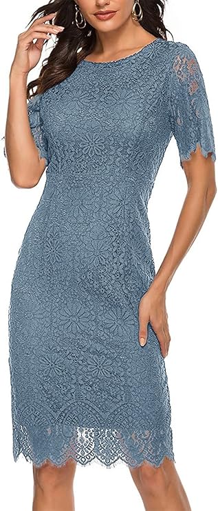 Short Sleeve Lace Floral Cocktail Crew Neck Knee Dress