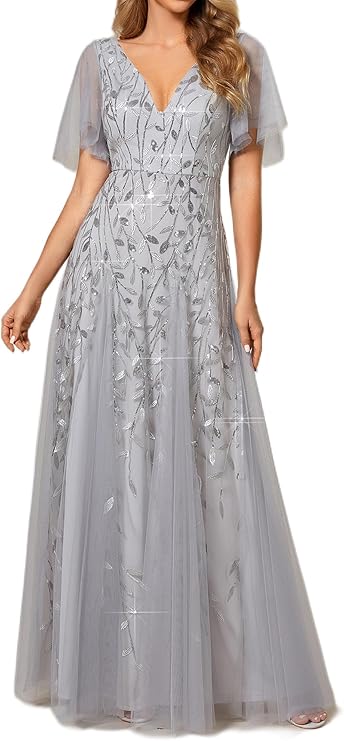 Sequin Sparkly V-Neck Short Sleeve A-Line Floor