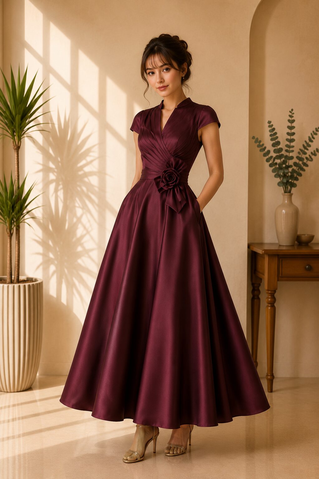 Tea Length V-Neck Cap Sleeves Formal Evening Dress