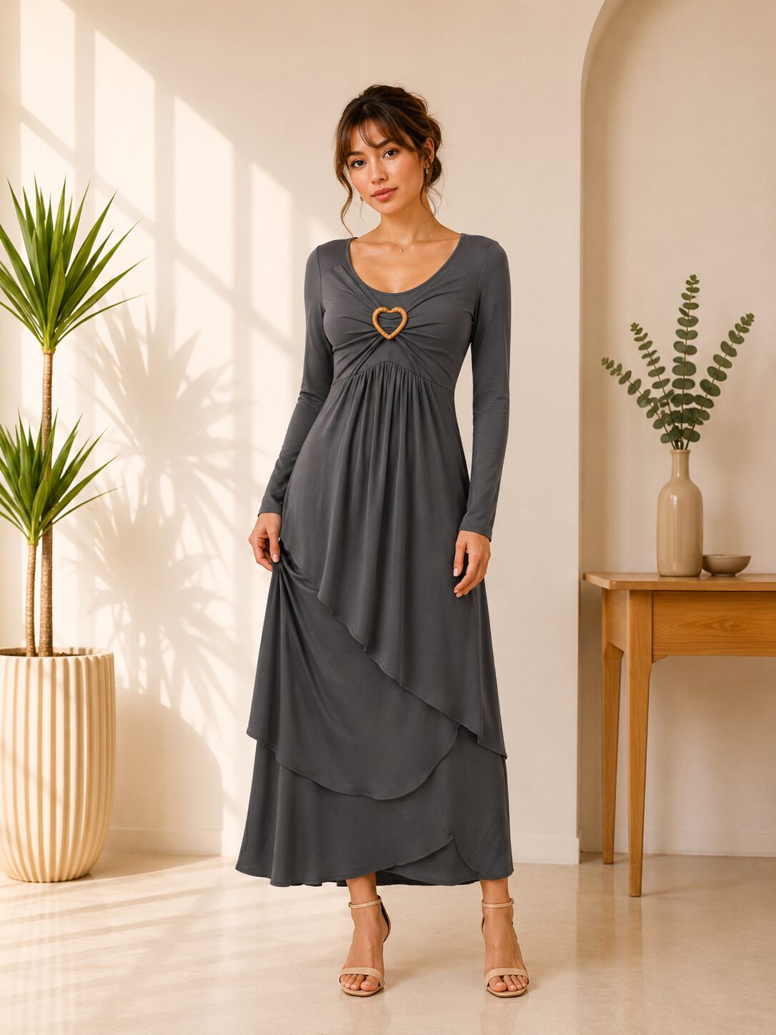 Wedding Guests Casual Cute Heart Long Sleeve Tiered Maxi Dress