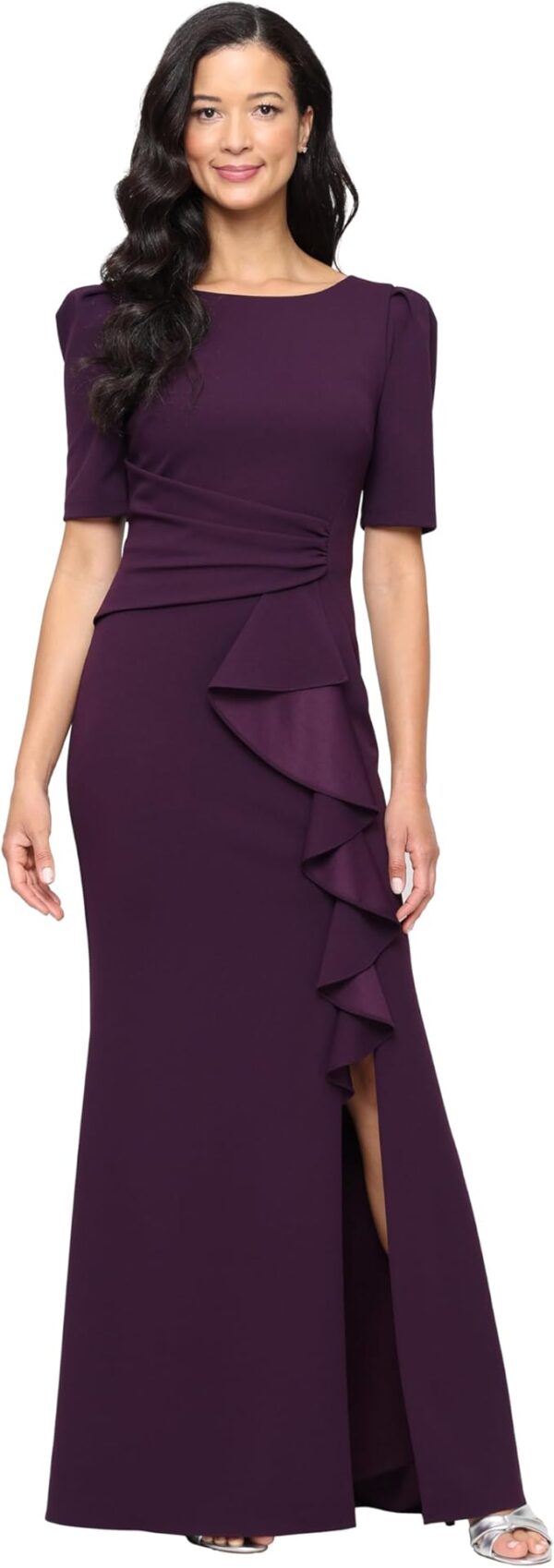 Stretch Crepe Dress with Puff Shoulder Elbow Sleeve