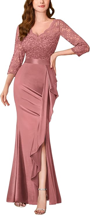 Vintage Floral Lace Ruffle Half Sleeve Evening Party Formal Long Dress