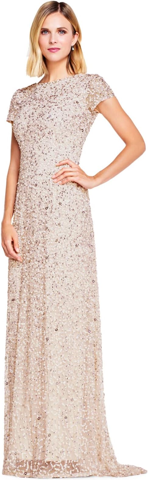 Womens Short-Sleeve All Over Sequin Gown