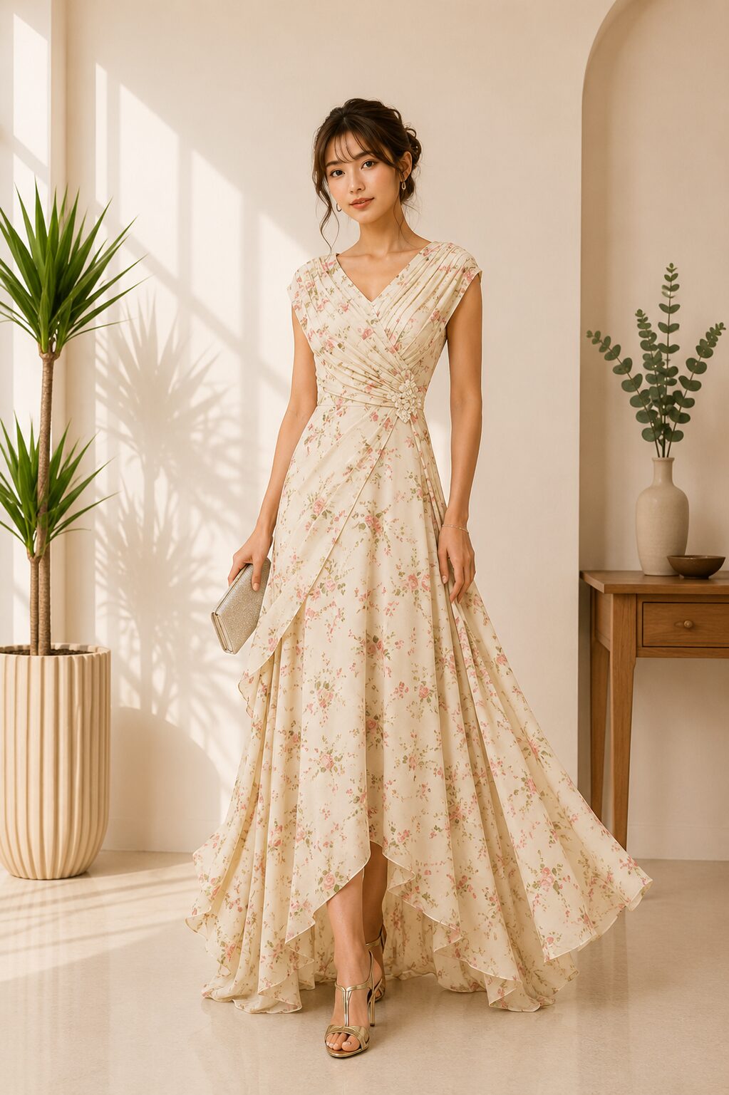 Cape Sleeves V Neck Chiffon Pleated Tea Length Dress