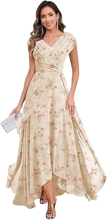 Cape Sleeves V Neck Chiffon Pleated Tea Length Dress