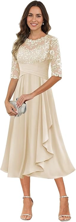 Tea Length Half Sleeve Ruffles Groom Formal Dress