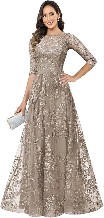 Lace Appliques Whith 3/4 Sleeve Scoop Neck Foraml Dress