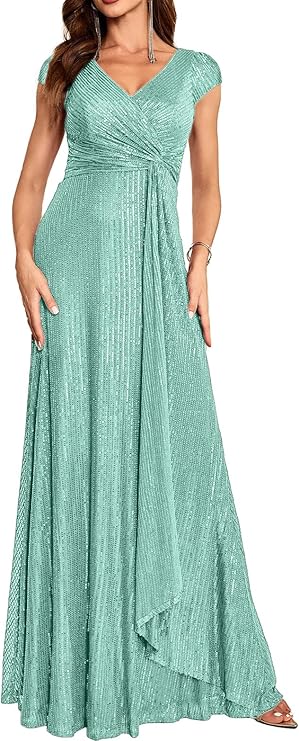 Short Sleeve Sequin Dress  Formal Evening Sparkly V Neck