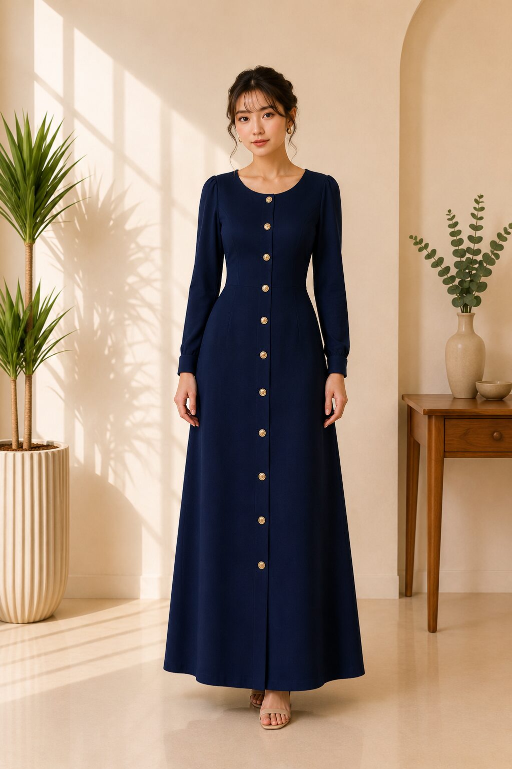 Navy Round Neck Long Sleeve Maxi Dress