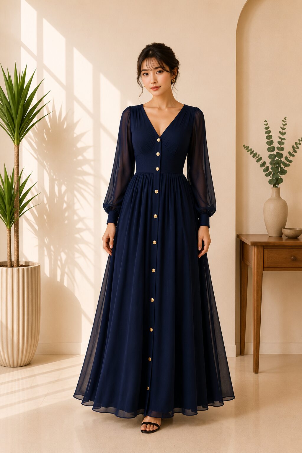 Navy V-Neck Long Sleeve Maxi Dress