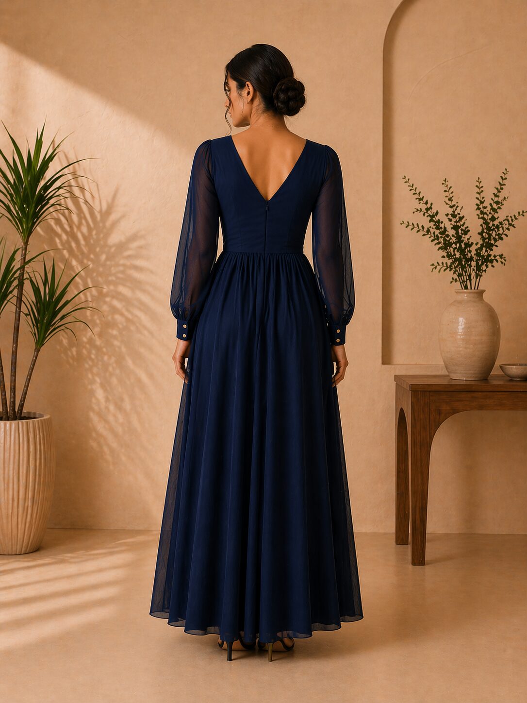 Navy V-Neck Long Sleeve Maxi Dress back