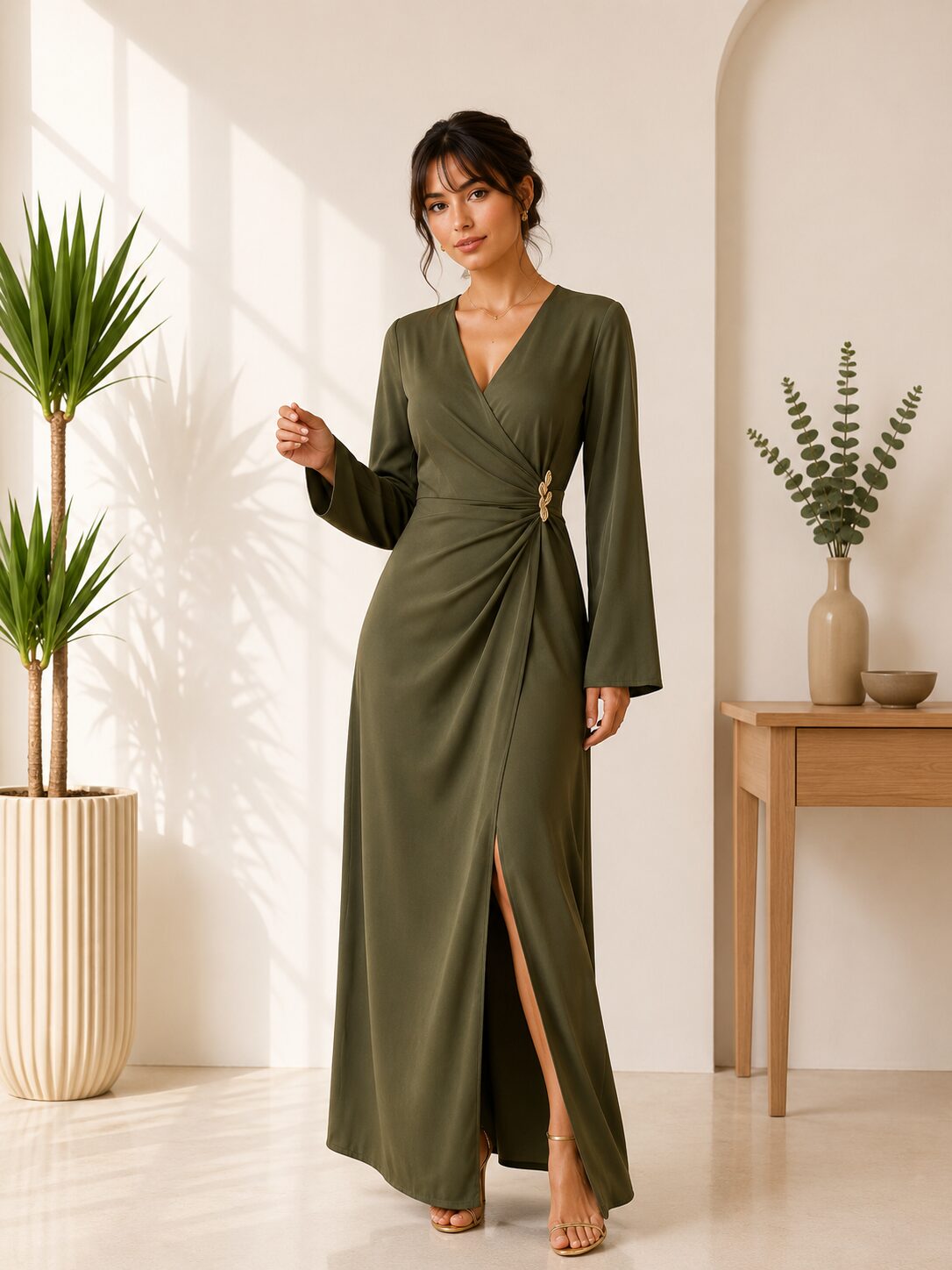 Olive Wrap Maxi Dress Long Sleeve