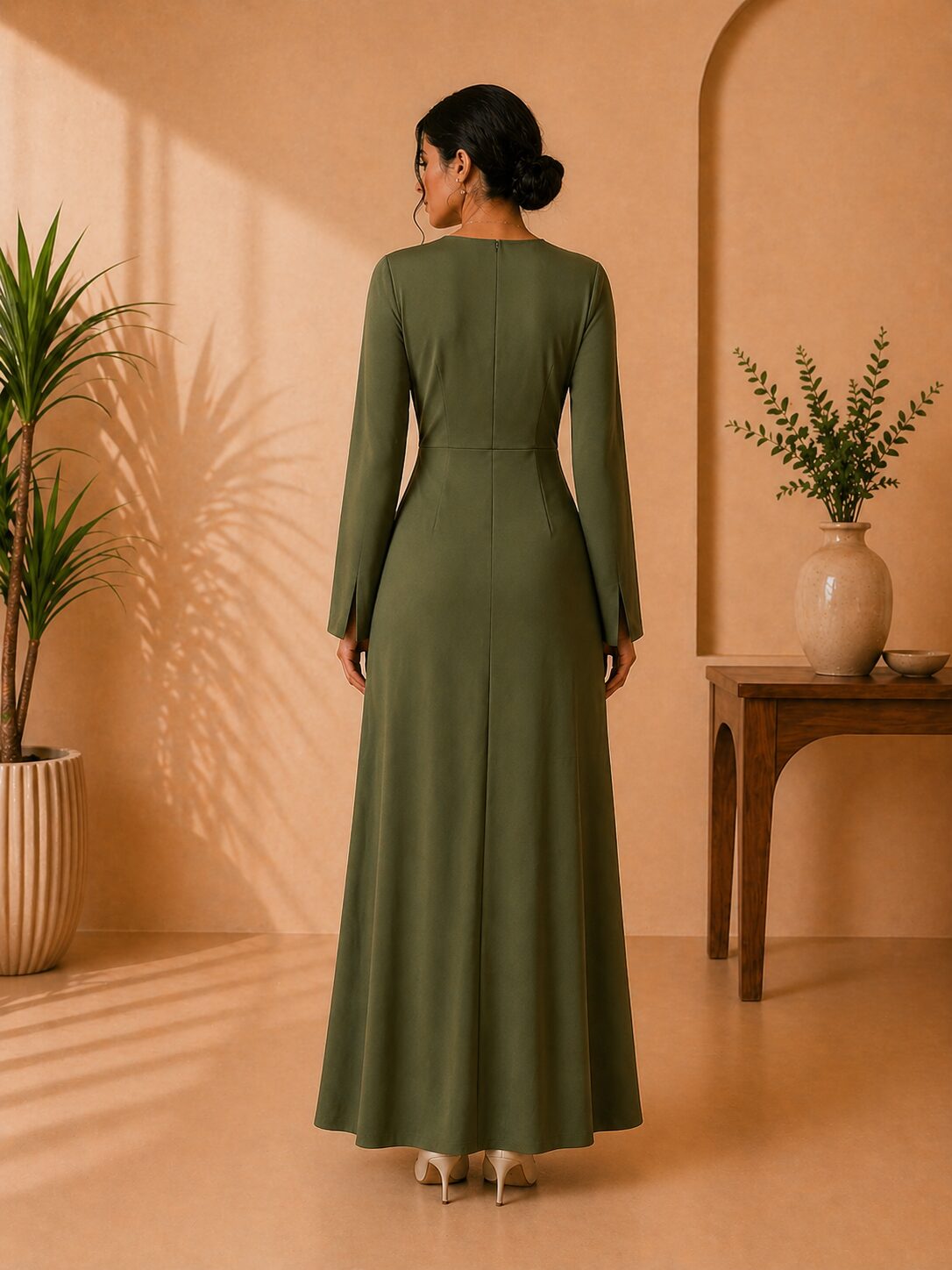 Olive Wrap Maxi Dress Long Sleeve