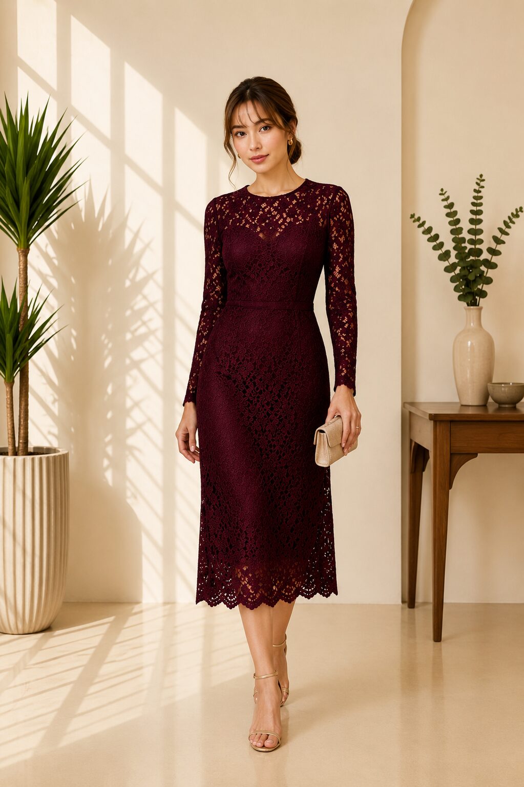 Burgundy Lace Long Sleeve Midi Dress