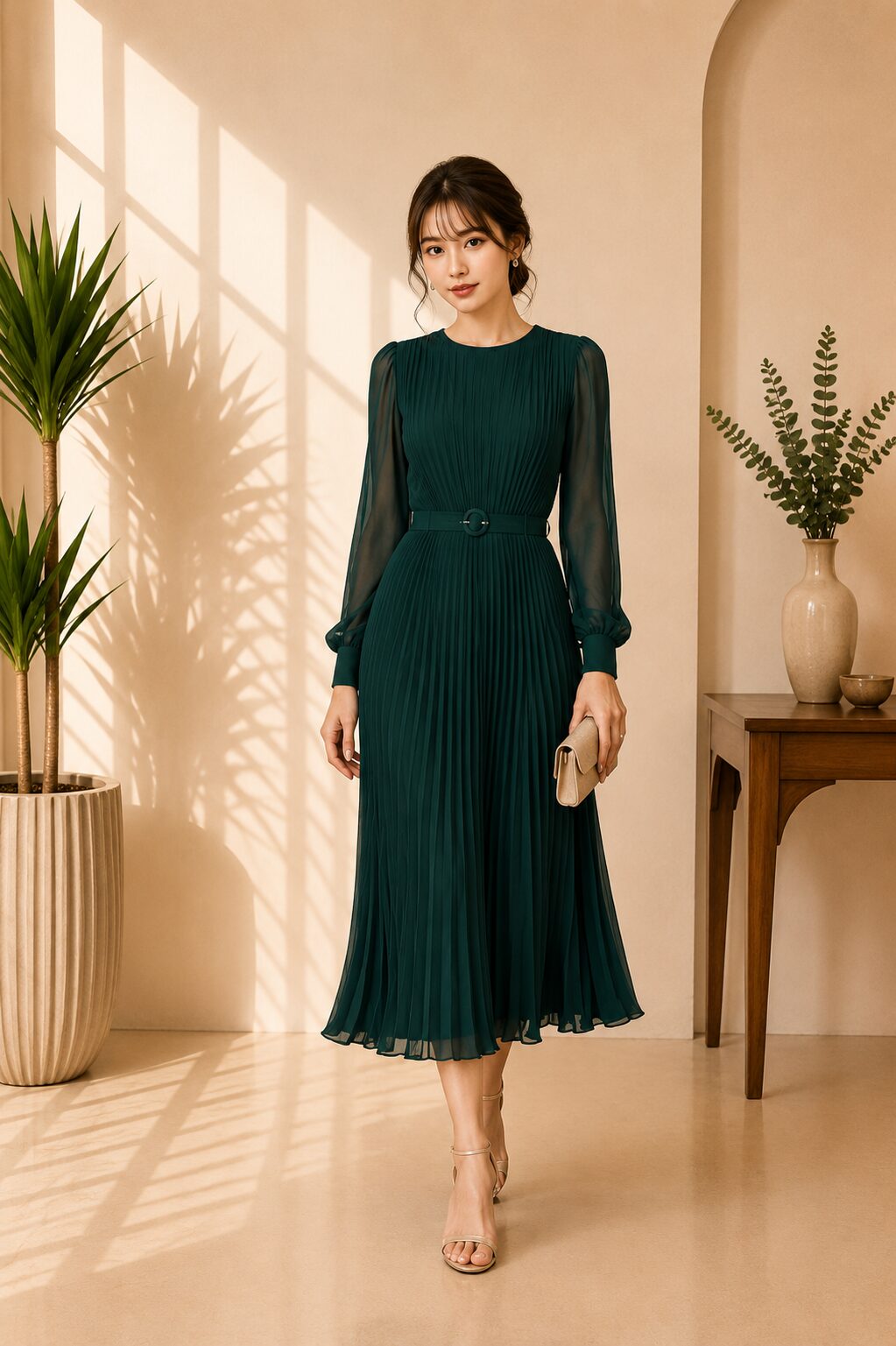 Emerald Pleated Long Sleeve Midi Dress